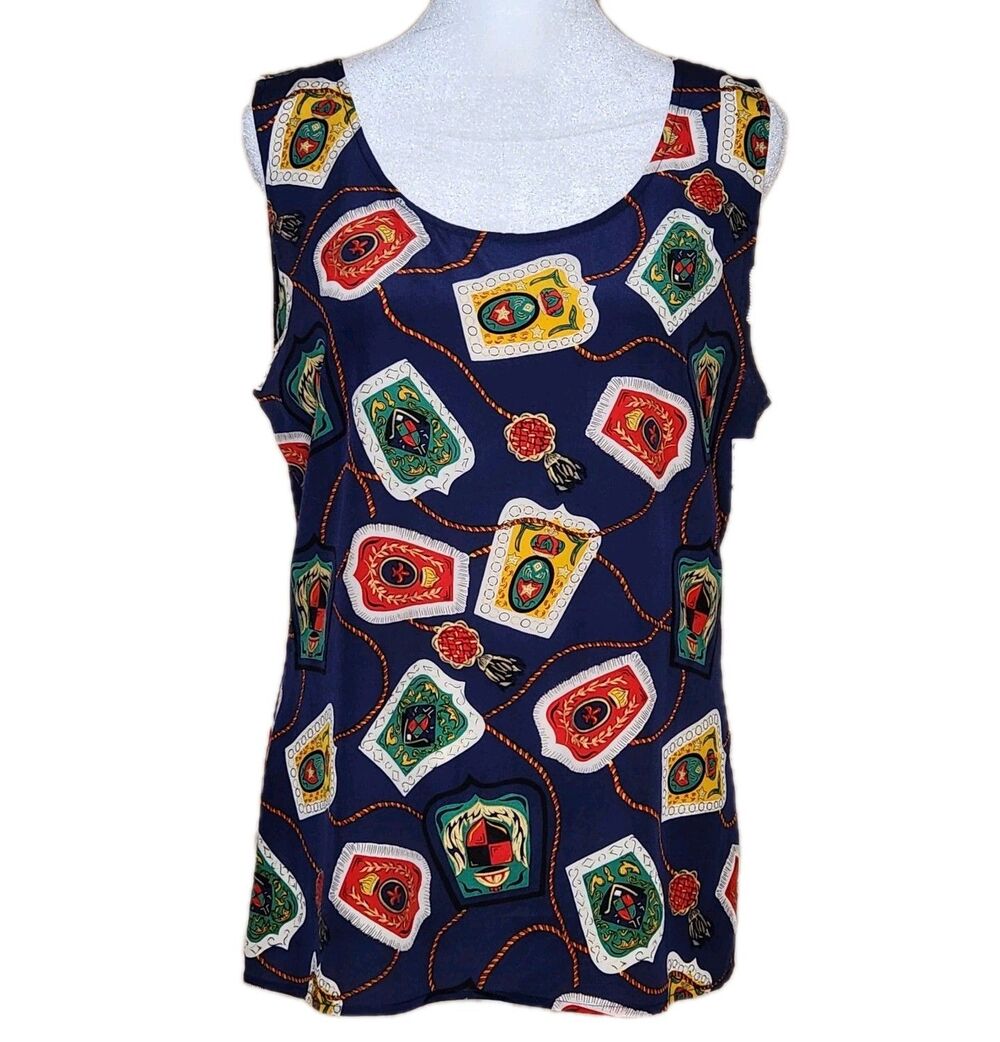 Vintage 90s Spenser Jeremy Silk Tank Top Women's 8 Navy Nautical Crest Old Money